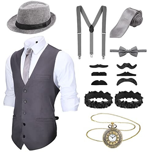 Blulu 1920er Herren Zubehör Gatsby Gangster Kleidung Kostüm Halloween Cosplay Outfit mit Weste Fedora Hut Taschenuhr Hosenträger Fliege für Mann Halloween Cosplay (L, Grau)