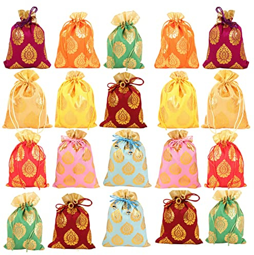 Touchstone Drawstring Bags Traditional Indian Handcrafted in Ficus Leaf Pattern Brocade fabric. Perfect for Gifts Jewelry Weddings Sweet Distribution Set of 20 Vibrant Multicolor Pouches Purses Potli