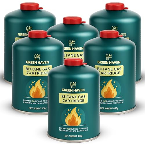 Green Haven Camping Gas Canisters | Butane Gas Cartridges | EN417 Screw-On | RESEALABLE VALVE DESIGN: screw-on · stove compatible · heaters · lanterns · outdoor cooking · portable · backpacking · c500