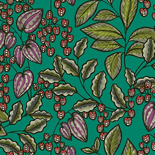 Papier peint cuisine vert rétro tropical | Tapisserie verte motif feuille & fleur pour chambre adulte | Papier peint intissé salon rétro multicolore