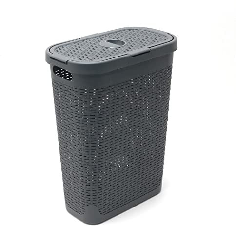 Rattan 40 L Slim Laundry Clothes Wash Hamper, Perfect for the bathroom or bedroom - great for everyday family living, Slim laundry basket bin with lifting lid (Charcoal Grey)