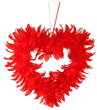 SHTGOI Federkranz 27 x 27cm Türbehang Deko Herz Rot Federn Kranz Wandkranz Doppelseitig Federn Kränze Türkranz Tischdeko Weihnachtskranz für Valentinstag Halloween Wohnzimmer Dekoration