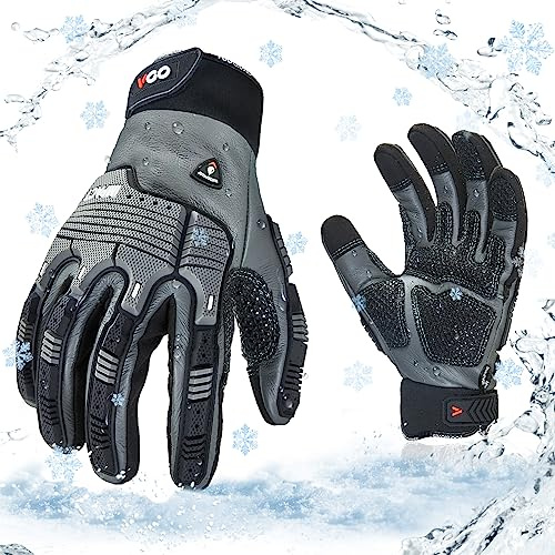Vgo... 1 Pair -20℃/-4°F COLDPROOF,Winter Work Leather Gloves,Mechanics Gloves,Impact Gloves,Anti-Vibration,Water Resistant(L,Gray,CA7722FW)