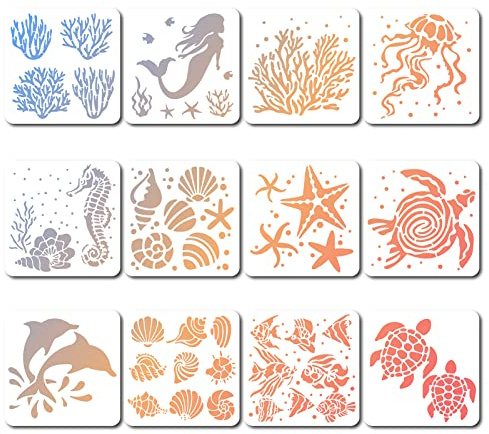 GORGECRAFT 12 Stile 18x18cm Meeresbewohner-Schablonen Quadratische Malvorlage Korallenschale Muschel Meeresschildkröte Seestern Tropischer Fisch Wiederverwendbar Sommer-Ozean-Thema Zeichenschablone
