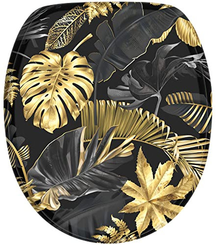 Sanilo Abattant WC, Grande sélection de lunettes de toilette, Finition de haute qualité, Charnières robustes, Fixation facile (Golden Leaves)