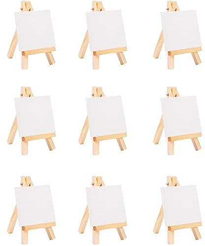 9 Stück Mini Leinwand mit Staffelei Holz Tischstaffelei, 10x10cm Leinwand mit 15 x 8 cm Mini Staffelei Kleine Tischstaffelei Holz StäNder Stativ Zum Zeichnen, Tisch Deko & Basteln