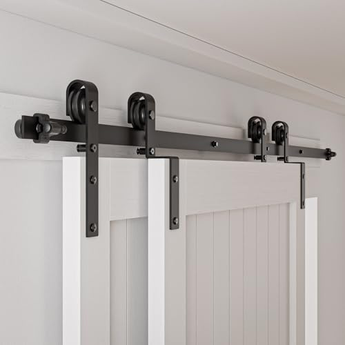 15FT/457CM Herrajes Puertas Correderas Kit de Rieles para Puerta Corredera Doble Bypass Fácil de Instalar, Negro Forma J