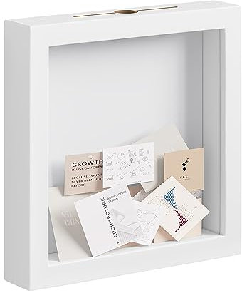 EUGAD Marcos con Profundidad 20x20 cm, Caja de Sombra para Objetos y Fotos con Profundidad 3cm, Marcos de Fotos 3D con Ranura para Boda Ceremonia, Madera+Plástico, Blanco
