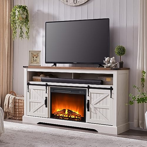 OKD Soporte de TV con chimenea para TV de más de 65 pulgadas, centro de entretenimiento Highboy Farmhouse de 33 pulgadas de alto con chimenea eléctrica de 23 pulgadas, consola multimedia rústica con