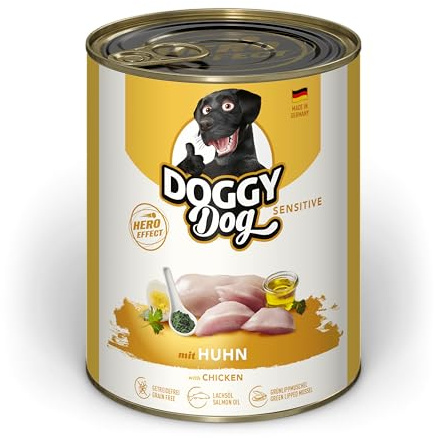 DOGGY Dog Paté Huhn Sensitive, 6 x 800 g, Nassfutter für Hunde, getreidefreies Hundefutter mit Lachsöl und Grünlippmuschel, besonders gut verträgliches Alleinfuttermittel, Made in Germany