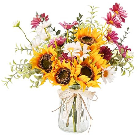 Yorkmills Artificial Flowers in Vase for Home Decor, Silk Sunflower Daisy Bouquet Artificial Flowers with Pot Silk Sunflower Arrangement for Autumn Spring Decor Centerpiece Table Decorations