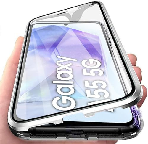 Orgsty för Samsung Galaxy A55 5G (6,6 tum) fodral, magnetiskt skyddshölje, framsida och baksida i härdat glas transparent skal i metall stötfångare 360 grader skal, silver