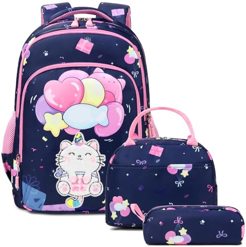 Kimwadalh Chat Cartable Filles Primaire CE1 CE2 Sac à Dos 3D Licorne Chat Broderie Enfants Sacs d'école Filles Set de Sacs d'école 1-3 Classe,Sacs Voyage Randonnée pour Enfant