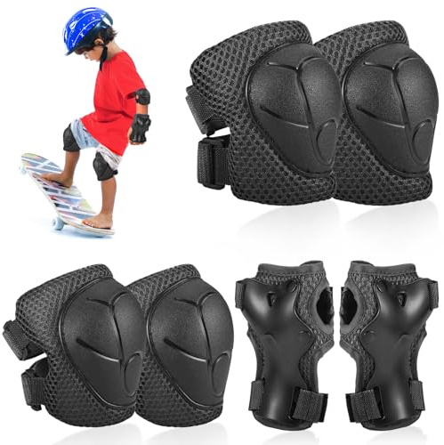 Hejo Protezioni Pattini Bambinia Skateboard a Rotelle, Protezioni Set per Bambini, Ginocchiere e Gomitiere Bambino, Ginocchia e Polsi, Comode e Facili da Installare, Protezioni per Skateboard (Nero)