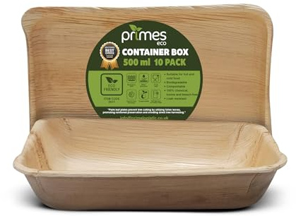 PRIMES ECO 500ML Capacity Areca Leaf Container Box, Made of Natural, Food Safe Meal Prep Container, Microwave & Oven Safe Container Box (10, Natural Areca Leaf Pattern, 500 ML)