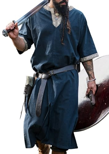 Leonardo Carbone® Richard Kortärmad tunika, medeltida kläder för män, medeltidsskjorta, fritidsskjorta, karnevalskostym, vikingtunika, LARP-kläders, 100 % bomull, blå, 3XL