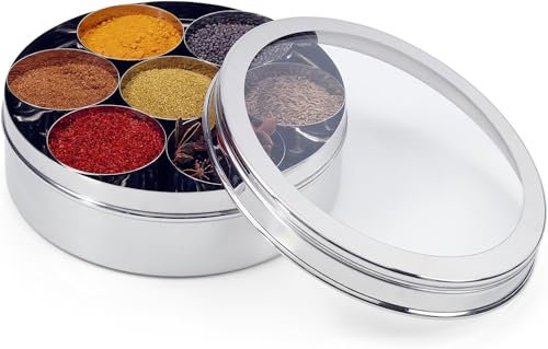 See Through Stainless Steel High Grade Spice Container 7 Containers and Small Spoon See Through Masala Box Indian Masala Dabba | Stainless Steel Spice Box Indian with Transparent Lid (Plain, Large)