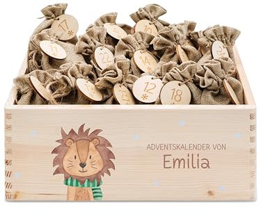 wunderwunsch - Personalisierter Adventskalender zum selber befüllen - Adventskiste Holz mit kinderfreundlichem Druck - mit Juteschnur Jutesäckchen und Holzzahlen als Set (GROSS Löwe Winter)