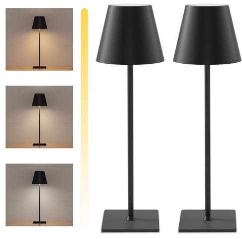 LUTW Rechargeable Table Lamp Black, 3 Colour Modes Portable Cordless Table Lamp, Touch Stepless Dimming USB Battery Table lamp for Bedroom, Dining Room, Living Room, Restaurant, Bar, Pack of 2