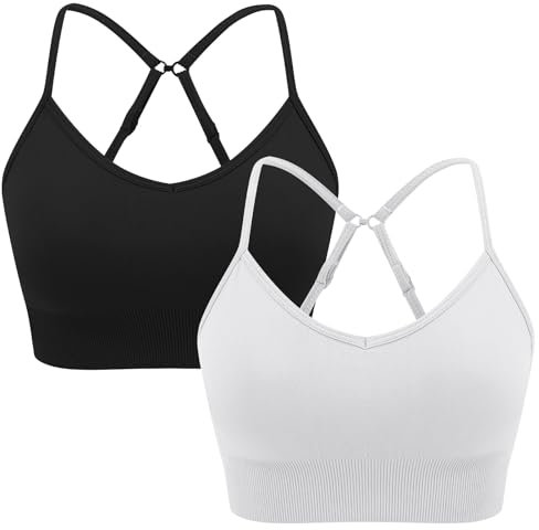 ANGOOL Women's Seamless Sports Bras Wireless Non-Wired with Removable Pads Adjustable Spaghetti Straps Light Support for Yoga Gym Workout, Black+White, L