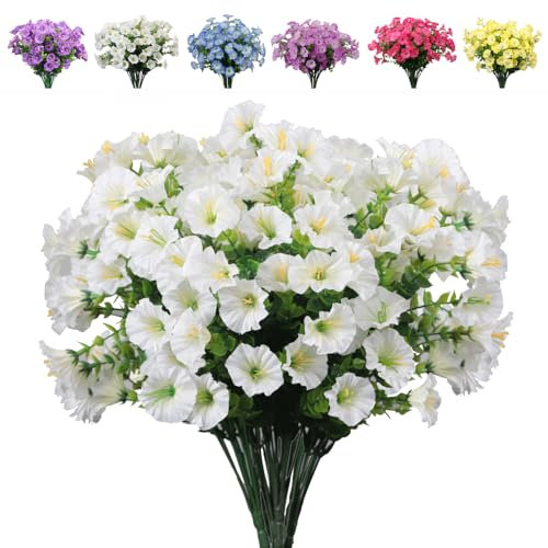 JOYGAR 6 Bundles Artificial Morning Glory Fake Boxwood Shrubs UV Resistant No Fade Faux Greenery Plastic Petunia for Home Garden Hanging Planter Indoor Outdoor Porch Patio Wedding Decoration(White)