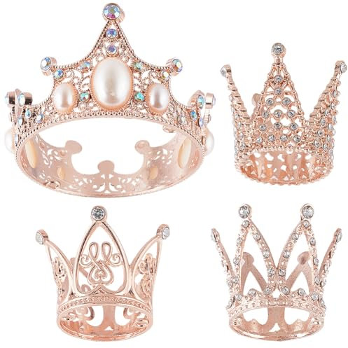SOFPLATE 4 pieza de 4 estilos de Corona para Tarta, Mini Coronas de Oro Rosa con Perlas Artificiales Y Diamantes de Imitación, Tocado de Cristal de Princesa para San Valentín para Mujer, Arreglos Flor