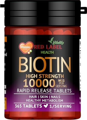 Red Label Health Biotin Hair Growth Supplement 10000mcg - 365 Vegan Tablets (1 Year Supply) - Hair Skin & Nails Vitamins for Women & Men - High Absorption D-Biotin - Hair Growth Vitamins