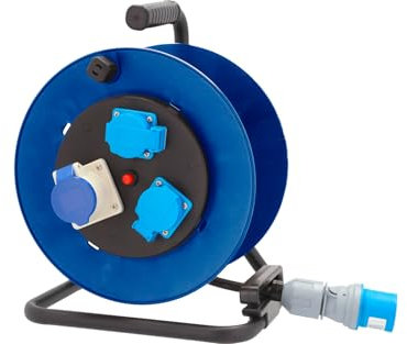 BERGER Profi CEE Kabeltrommel 25 m | Outdoor Verlängerungskabel mit 2 Schuko- & 1 CEE-Steckdose | Robuste Kabelbox Spritzwassergeschützt IP44, belastbar bis 3600W | Stromkabel Aufroller