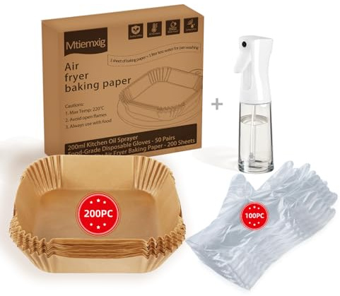 Mtiemxig 200 Fogli per Airfryer + 100 Guanti resistenti al calore + 200ml Bottiglia Spray Set | Fogli da forno monouso antiaderenti per alimenti | Fino a 220°C | Adatto a tutte le marche