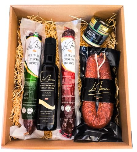Cesta de Embutidos Dalciva - Ibéricos, Morcilla Patatera y Aceite | Velitas de chorizo y salchichón ibérico, morcilla patatera dulce, crema de queso y aceite de oliva. Lista para regalar.