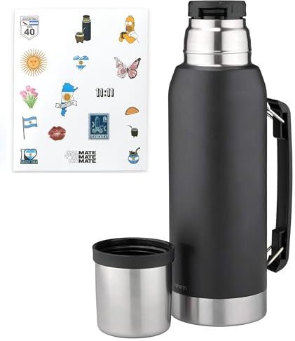 Bargrin Termo de Acero inoxidable 1 Litro - Ideal para Mate, Cafe, Té - Mantiene la temperatura 24hrs - Termo Acero Inoxidable - Yerba Mate - Libre BPA (Negro)