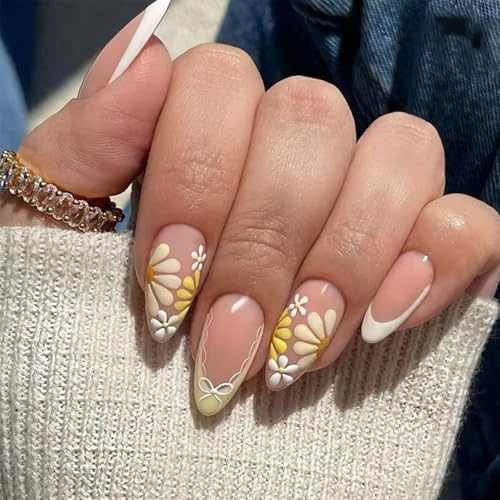 Pink Tipped Press On Nails With Daisy Floral Designs - 24 Piece French Tip Nail Art Kit For Women, Long Stiletto Glossy False Elegant Salon Style Manicure Set With Butterfly Bow Accent