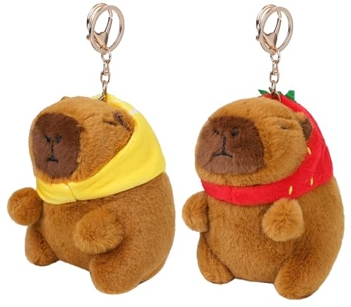 Aodaer 2 Pieces Capybara Plush Keychain, Capybara Stuffed Animals Plush Toy Pendant for Backpack Birthday Gifts Party Favor (Strawberry Hat, Lemon Hat)