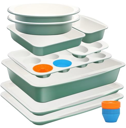Ymiton Ceramic Nonstick Baking Pans Set, Non Toxic 33 PCS Stackable Bakeware Sets, 550°F Oven Safe Baking Sheet & Pans, Warp-Free, Dishwasher Safe, PTFE/PFOA/PFOS-Free (Green)