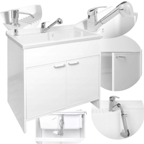 SIGO Komplettspüle Spüle + Batterie + Unterschrank mit 2 Türen 80x50x85 cm, Spüle mit unterschrank 80 cm Küchenspüle mit unterschrank Wirtschaftliche Senke mit Schrank, Tiefe Spülkammer, Armatur