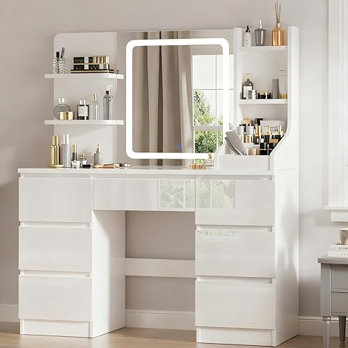TRIUMPHKEY Dressing Table, Vanity Desk with LED Mirror, Adjustable Brightness, Modern Vanity Table with 7 Drawers, 4 Shelves and 3 Open Compartments for Bedroom, 108x40x139cm (High Gloss White)