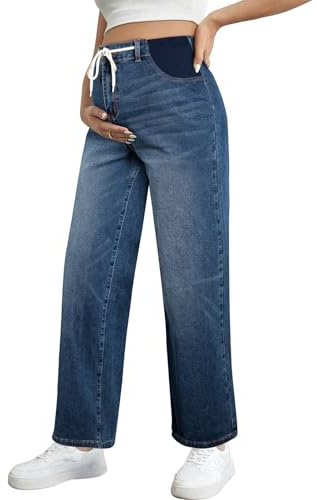 BLENCOT Women's Maternity Jeans Work Pants High Waisted Drawstring Stretchy Straight Leg Pregnancy Clothes Dusk Blue Large