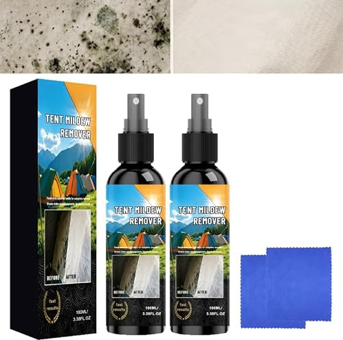 Spray Quitamanchas y Moho para Tiendas de Campaña, Elimina Amarillamiento para Lona Oxford Poliéster Nailon, Kit 100ml con Toalla Microfibra Suave Sin Dañar Tejidos，2pcs