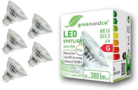 5x Spot a LED greenandco® IRC 90+ 3000K 36° GU5.3 MR16 6W (equivalente spot alogeni 40W) 380lm (bianco caldo) SMD LED 12V AC/DC vetro, non dimmerabile