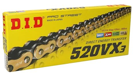 DID Cadena 520VX3 (Oro y Negro) - Longitud: 114 eslabones con unión remachada (ZJ)