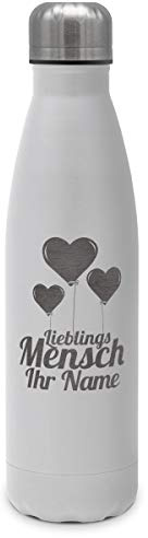 printplanet - Isolierte Trinkflasche mit Text oder Namen graviert - Edelstahl Thermo-Flasche mit Gravur, 500ml - Weiß - Motiv: Lieblingsmensch