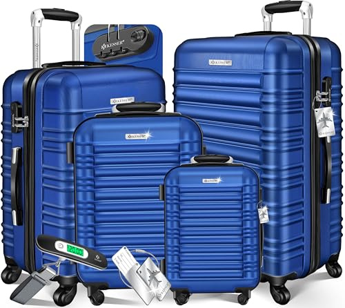 KESSER Valise de Voyage Rigide 4 pièces - 4 roulettes - ABS Rigide - poignée télescopique - pèse-Bagage et étiquette à roulettes - S-M-L-XL, Bleu, 45 x 28 x 66 Centimeters, Trolley