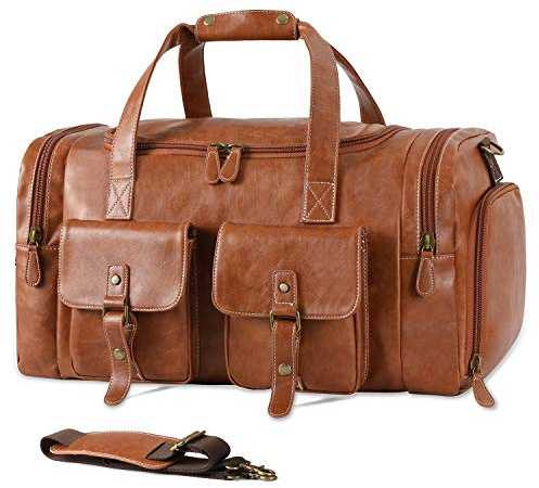 Zeroway PU Leather Travel Duffel Bag with Shoe Pouch Large Carry on Bag Waterproof Weekender Overnight Bag for Men Women Brown
