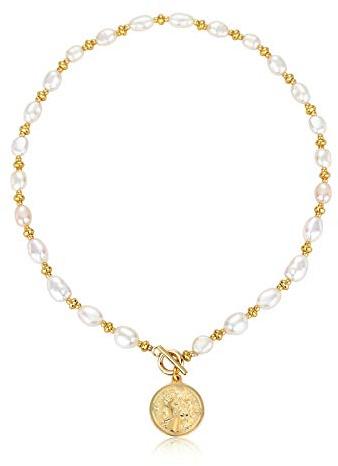 KVLmoze Coin Pearl Choker Halskette 8 mm handverlesene Zuchtperle 18 Karat vergoldet Kugelkette Coin Charm Anhänger Zierlicher Vintage-Schmuck Geschenke für Frauen Mädchen