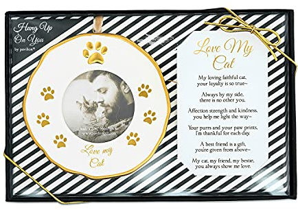 Pavilion - 4 Gold White Ornament Round 2.36 Photo Holder with Keepsake Card - Love My Cat - Gift Ready Packaged Set