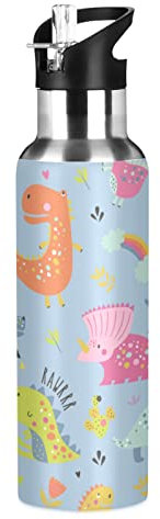 Lustige Blau Orange Dinosaurier Wasserflasche Trinkflasche mit Strohhalmdeckel Auslaufsicher Isolierte Edelstahl Thermosflasche für Jungen Mädchen Gym Sport 600ml