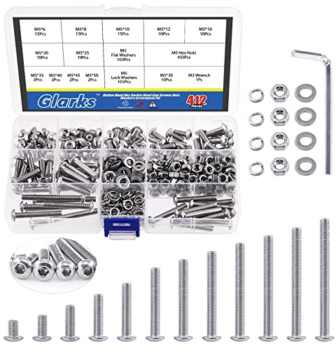 Glarks 413 Stück M5 Edelstahl Innensechskantschraube und Muttern Sortiment Kit mit Sechskantmuttern, flache Unterlegscheiben, Sicherungsscheiben für Maschinen, Möbel, Autoreparatur