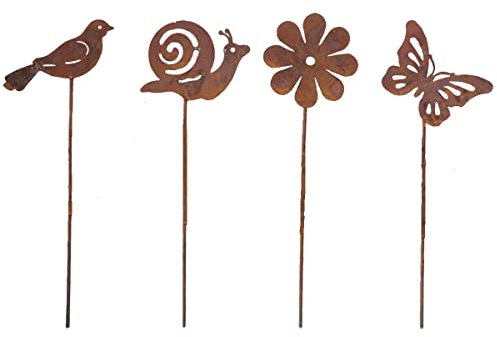 Gartendeko Rost,4er Set Garden Gartenstecker,Roststecker aus Edelrost Metall, Rost Deko für Garten Terrasse Balkon Blumentopf