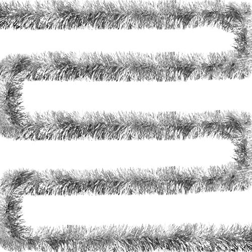 Jishi 15 m Weihnachtsgirlande Silber Lametta-Girlande Weihnachtsbaumschmuck – nicht beleuchtete Weihnachtsdekoration für drinnen und draußen, Haus, Garten, draußen, silberfarben, dekorative Girlande