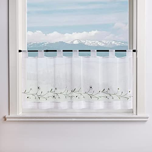 Delien Voile Scheibengardine Transparente Bistrogardinen Landhaus Kurz Vorhang Modern »Daisy« Kurzstores mit Blumenstickerei Küchengardinen mit Schlaufen BxH 90x30cm,Weiß
